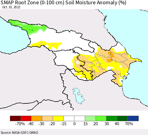 Azerbaijan, Armenia and Georgia SMAP Root Zone (0-100 cm) Soil Moisture Anomaly (%) Thematic Map For 10/6/2022 - 10/10/2022