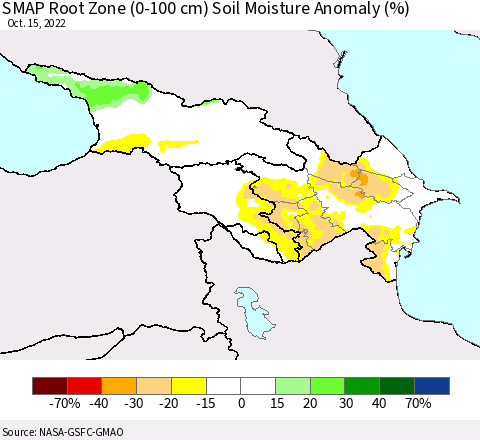 Azerbaijan, Armenia and Georgia SMAP Root Zone (0-100 cm) Soil Moisture Anomaly (%) Thematic Map For 10/11/2022 - 10/15/2022