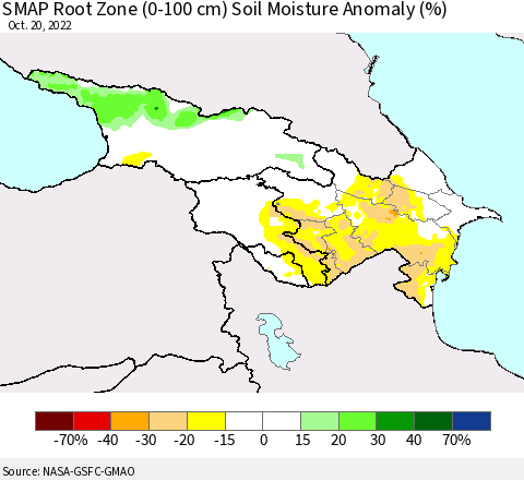 Azerbaijan, Armenia and Georgia SMAP Root Zone (0-100 cm) Soil Moisture Anomaly (%) Thematic Map For 10/16/2022 - 10/20/2022