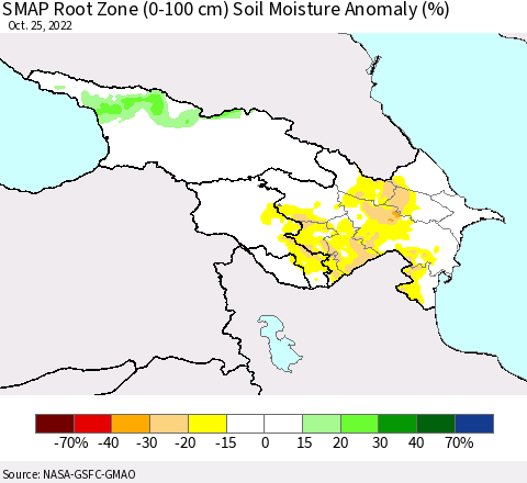 Azerbaijan, Armenia and Georgia SMAP Root Zone (0-100 cm) Soil Moisture Anomaly (%) Thematic Map For 10/21/2022 - 10/25/2022