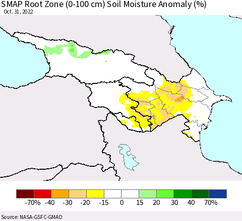 Azerbaijan, Armenia and Georgia SMAP Root Zone (0-100 cm) Soil Moisture Anomaly (%) Thematic Map For 10/26/2022 - 10/31/2022