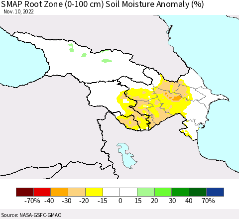 Azerbaijan, Armenia and Georgia SMAP Root Zone (0-100 cm) Soil Moisture Anomaly (%) Thematic Map For 11/6/2022 - 11/10/2022