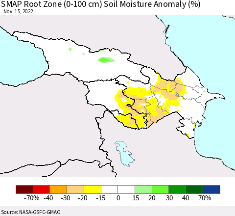 Azerbaijan, Armenia and Georgia SMAP Root Zone (0-100 cm) Soil Moisture Anomaly (%) Thematic Map For 11/11/2022 - 11/15/2022