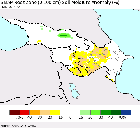 Azerbaijan, Armenia and Georgia SMAP Root Zone (0-100 cm) Soil Moisture Anomaly (%) Thematic Map For 11/16/2022 - 11/20/2022