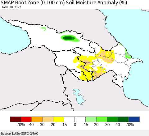 Azerbaijan, Armenia and Georgia SMAP Root Zone (0-100 cm) Soil Moisture Anomaly (%) Thematic Map For 11/26/2022 - 11/30/2022