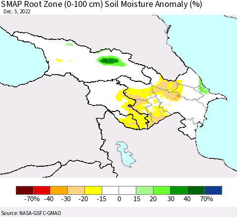Azerbaijan, Armenia and Georgia SMAP Root Zone (0-100 cm) Soil Moisture Anomaly (%) Thematic Map For 12/1/2022 - 12/5/2022