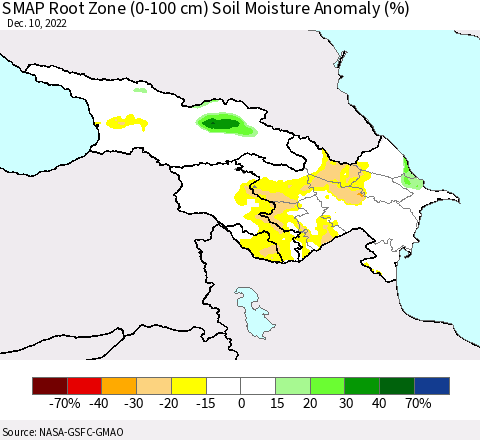 Azerbaijan, Armenia and Georgia SMAP Root Zone (0-100 cm) Soil Moisture Anomaly (%) Thematic Map For 12/6/2022 - 12/10/2022