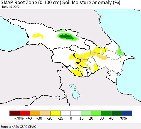 Azerbaijan, Armenia and Georgia SMAP Root Zone (0-100 cm) Soil Moisture Anomaly (%) Thematic Map For 12/11/2022 - 12/15/2022
