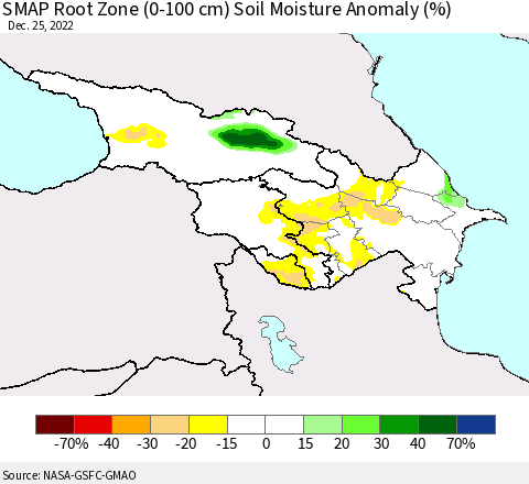 Azerbaijan, Armenia and Georgia SMAP Root Zone (0-100 cm) Soil Moisture Anomaly (%) Thematic Map For 12/21/2022 - 12/25/2022