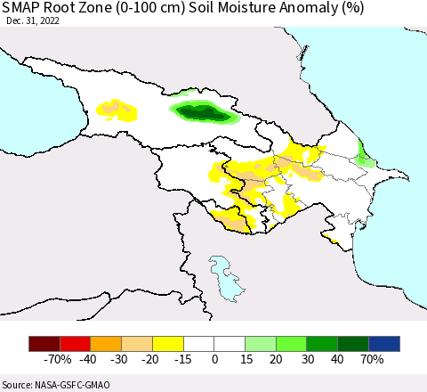 Azerbaijan, Armenia and Georgia SMAP Root Zone (0-100 cm) Soil Moisture Anomaly (%) Thematic Map For 12/26/2022 - 12/31/2022