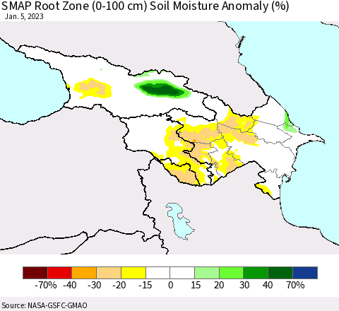 Azerbaijan, Armenia and Georgia SMAP Root Zone (0-100 cm) Soil Moisture Anomaly (%) Thematic Map For 1/1/2023 - 1/5/2023