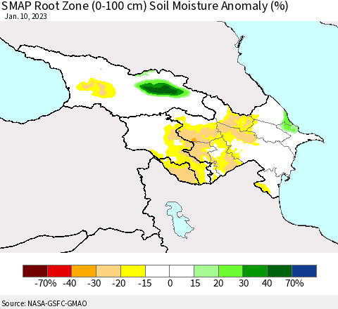 Azerbaijan, Armenia and Georgia SMAP Root Zone (0-100 cm) Soil Moisture Anomaly (%) Thematic Map For 1/6/2023 - 1/10/2023