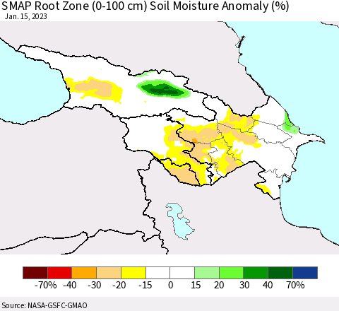 Azerbaijan, Armenia and Georgia SMAP Root Zone (0-100 cm) Soil Moisture Anomaly (%) Thematic Map For 1/11/2023 - 1/15/2023