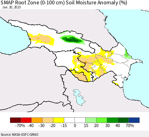 Azerbaijan, Armenia and Georgia SMAP Root Zone (0-100 cm) Soil Moisture Anomaly (%) Thematic Map For 1/16/2023 - 1/20/2023