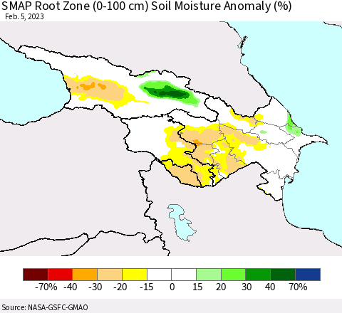 Azerbaijan, Armenia and Georgia SMAP Root Zone (0-100 cm) Soil Moisture Anomaly (%) Thematic Map For 2/1/2023 - 2/5/2023