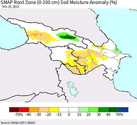 Azerbaijan, Armenia and Georgia SMAP Root Zone (0-100 cm) Soil Moisture Anomaly (%) Thematic Map For 2/6/2023 - 2/10/2023