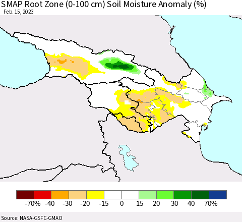 Azerbaijan, Armenia and Georgia SMAP Root Zone (0-100 cm) Soil Moisture Anomaly (%) Thematic Map For 2/11/2023 - 2/15/2023