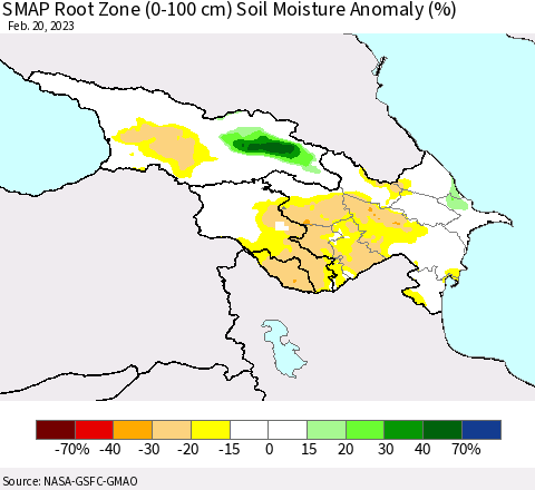 Azerbaijan, Armenia and Georgia SMAP Root Zone (0-100 cm) Soil Moisture Anomaly (%) Thematic Map For 2/16/2023 - 2/20/2023