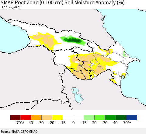 Azerbaijan, Armenia and Georgia SMAP Root Zone (0-100 cm) Soil Moisture Anomaly (%) Thematic Map For 2/21/2023 - 2/25/2023