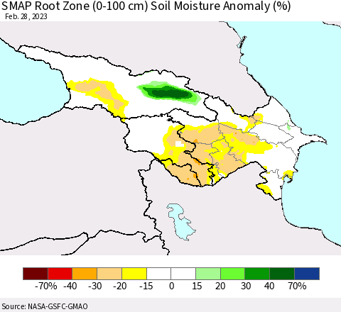 Azerbaijan, Armenia and Georgia SMAP Root Zone (0-100 cm) Soil Moisture Anomaly (%) Thematic Map For 2/26/2023 - 2/28/2023