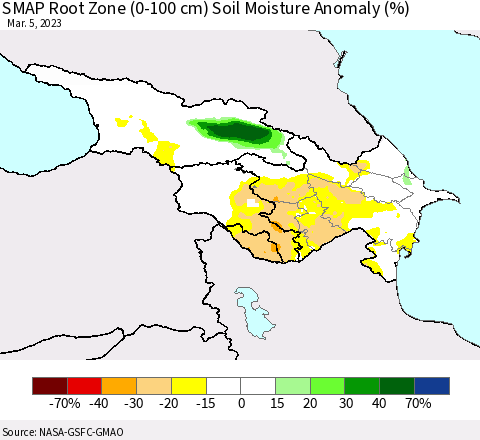 Azerbaijan, Armenia and Georgia SMAP Root Zone (0-100 cm) Soil Moisture Anomaly (%) Thematic Map For 3/1/2023 - 3/5/2023