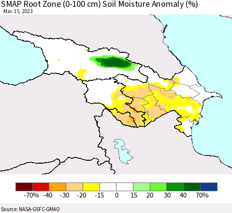 Azerbaijan, Armenia and Georgia SMAP Root Zone (0-100 cm) Soil Moisture Anomaly (%) Thematic Map For 3/11/2023 - 3/15/2023