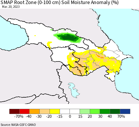 Azerbaijan, Armenia and Georgia SMAP Root Zone (0-100 cm) Soil Moisture Anomaly (%) Thematic Map For 3/16/2023 - 3/20/2023