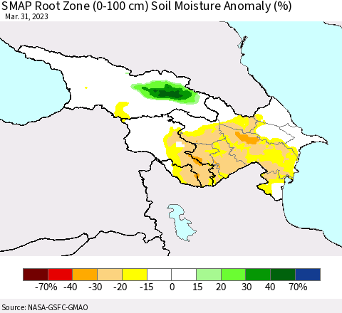 Azerbaijan, Armenia and Georgia SMAP Root Zone (0-100 cm) Soil Moisture Anomaly (%) Thematic Map For 3/26/2023 - 3/31/2023