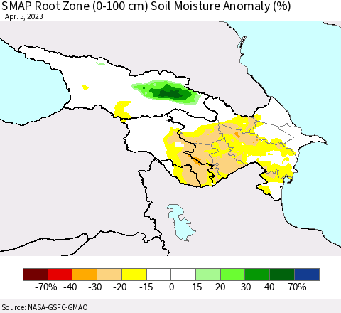 Azerbaijan, Armenia and Georgia SMAP Root Zone (0-100 cm) Soil Moisture Anomaly (%) Thematic Map For 4/1/2023 - 4/5/2023