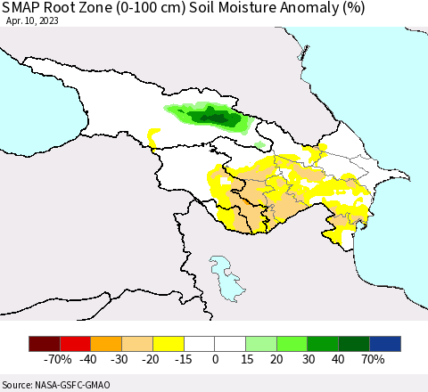 Azerbaijan, Armenia and Georgia SMAP Root Zone (0-100 cm) Soil Moisture Anomaly (%) Thematic Map For 4/6/2023 - 4/10/2023
