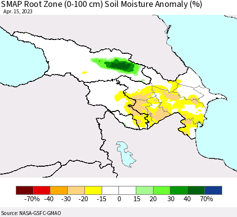 Azerbaijan, Armenia and Georgia SMAP Root Zone (0-100 cm) Soil Moisture Anomaly (%) Thematic Map For 4/11/2023 - 4/15/2023