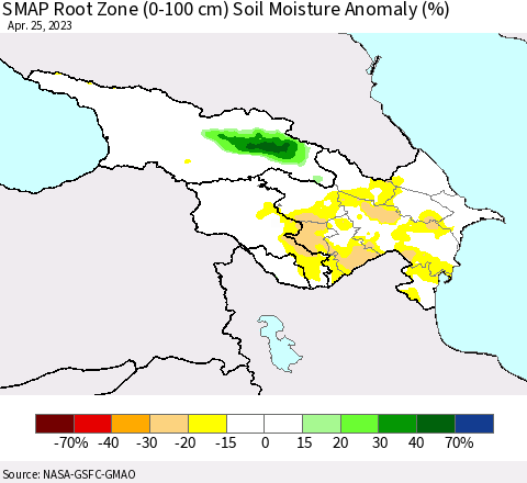 Azerbaijan, Armenia and Georgia SMAP Root Zone (0-100 cm) Soil Moisture Anomaly (%) Thematic Map For 4/21/2023 - 4/25/2023