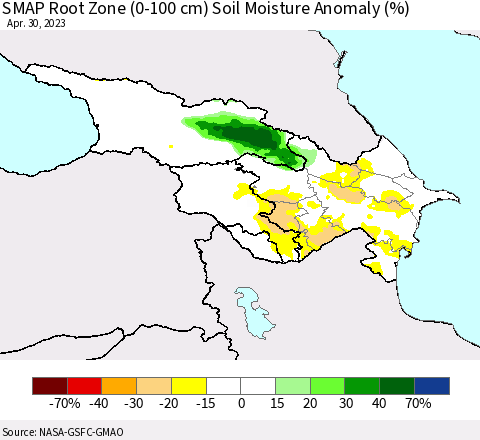 Azerbaijan, Armenia and Georgia SMAP Root Zone (0-100 cm) Soil Moisture Anomaly (%) Thematic Map For 4/26/2023 - 4/30/2023