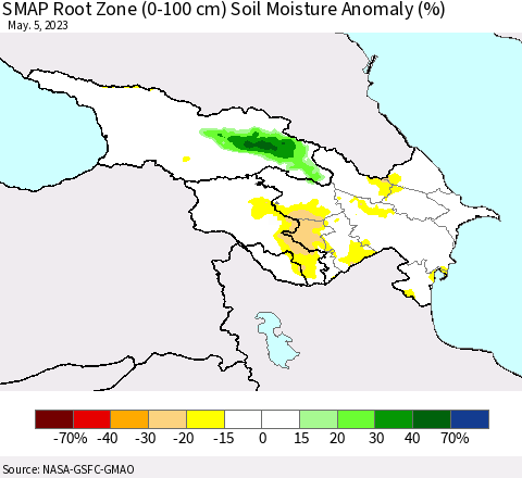 Azerbaijan, Armenia and Georgia SMAP Root Zone (0-100 cm) Soil Moisture Anomaly (%) Thematic Map For 5/1/2023 - 5/5/2023