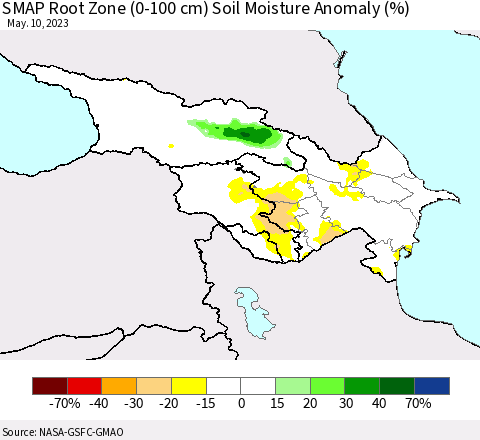 Azerbaijan, Armenia and Georgia SMAP Root Zone (0-100 cm) Soil Moisture Anomaly (%) Thematic Map For 5/6/2023 - 5/10/2023