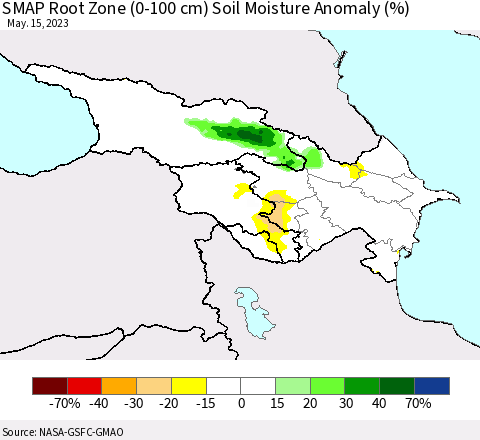 Azerbaijan, Armenia and Georgia SMAP Root Zone (0-100 cm) Soil Moisture Anomaly (%) Thematic Map For 5/11/2023 - 5/15/2023