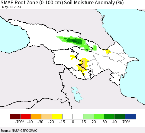 Azerbaijan, Armenia and Georgia SMAP Root Zone (0-100 cm) Soil Moisture Anomaly (%) Thematic Map For 5/16/2023 - 5/20/2023
