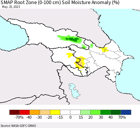 Azerbaijan, Armenia and Georgia SMAP Root Zone (0-100 cm) Soil Moisture Anomaly (%) Thematic Map For 5/21/2023 - 5/25/2023