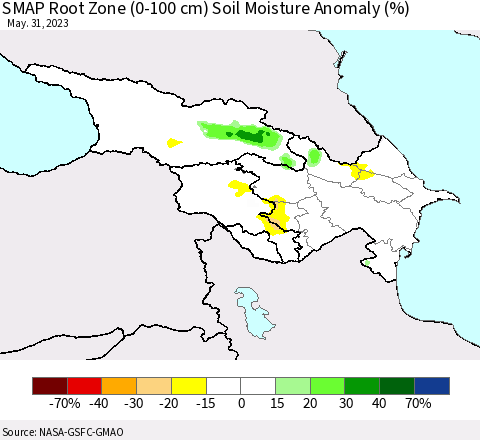 Azerbaijan, Armenia and Georgia SMAP Root Zone (0-100 cm) Soil Moisture Anomaly (%) Thematic Map For 5/26/2023 - 5/31/2023