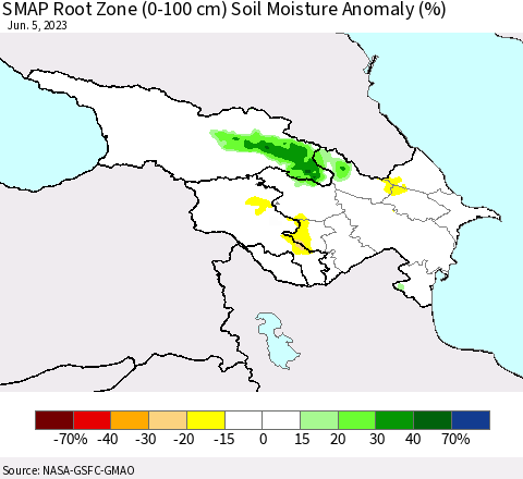 Azerbaijan, Armenia and Georgia SMAP Root Zone (0-100 cm) Soil Moisture Anomaly (%) Thematic Map For 6/1/2023 - 6/5/2023