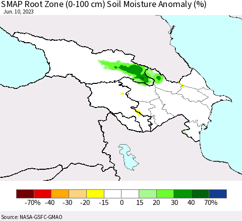 Azerbaijan, Armenia and Georgia SMAP Root Zone (0-100 cm) Soil Moisture Anomaly (%) Thematic Map For 6/6/2023 - 6/10/2023