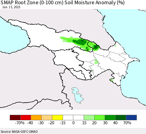 Azerbaijan, Armenia and Georgia SMAP Root Zone (0-100 cm) Soil Moisture Anomaly (%) Thematic Map For 6/11/2023 - 6/15/2023