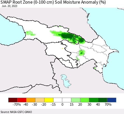 Azerbaijan, Armenia and Georgia SMAP Root Zone (0-100 cm) Soil Moisture Anomaly (%) Thematic Map For 6/16/2023 - 6/20/2023