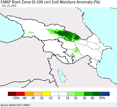 Azerbaijan, Armenia and Georgia SMAP Root Zone (0-100 cm) Soil Moisture Anomaly (%) Thematic Map For 6/21/2023 - 6/25/2023