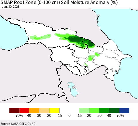 Azerbaijan, Armenia and Georgia SMAP Root Zone (0-100 cm) Soil Moisture Anomaly (%) Thematic Map For 6/26/2023 - 6/30/2023