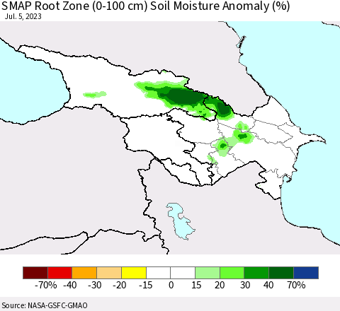Azerbaijan, Armenia and Georgia SMAP Root Zone (0-100 cm) Soil Moisture Anomaly (%) Thematic Map For 7/1/2023 - 7/5/2023