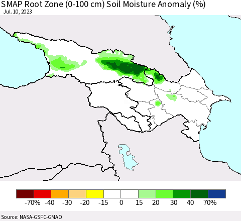 Azerbaijan, Armenia and Georgia SMAP Root Zone (0-100 cm) Soil Moisture Anomaly (%) Thematic Map For 7/6/2023 - 7/10/2023