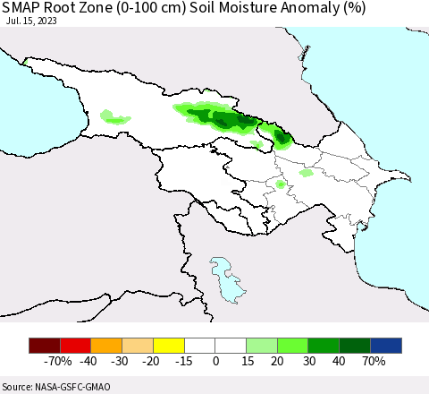 Azerbaijan, Armenia and Georgia SMAP Root Zone (0-100 cm) Soil Moisture Anomaly (%) Thematic Map For 7/11/2023 - 7/15/2023