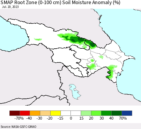Azerbaijan, Armenia and Georgia SMAP Root Zone (0-100 cm) Soil Moisture Anomaly (%) Thematic Map For 7/16/2023 - 7/20/2023