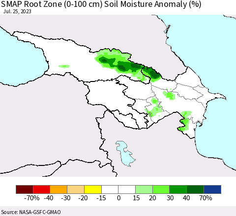 Azerbaijan, Armenia and Georgia SMAP Root Zone (0-100 cm) Soil Moisture Anomaly (%) Thematic Map For 7/21/2023 - 7/25/2023
